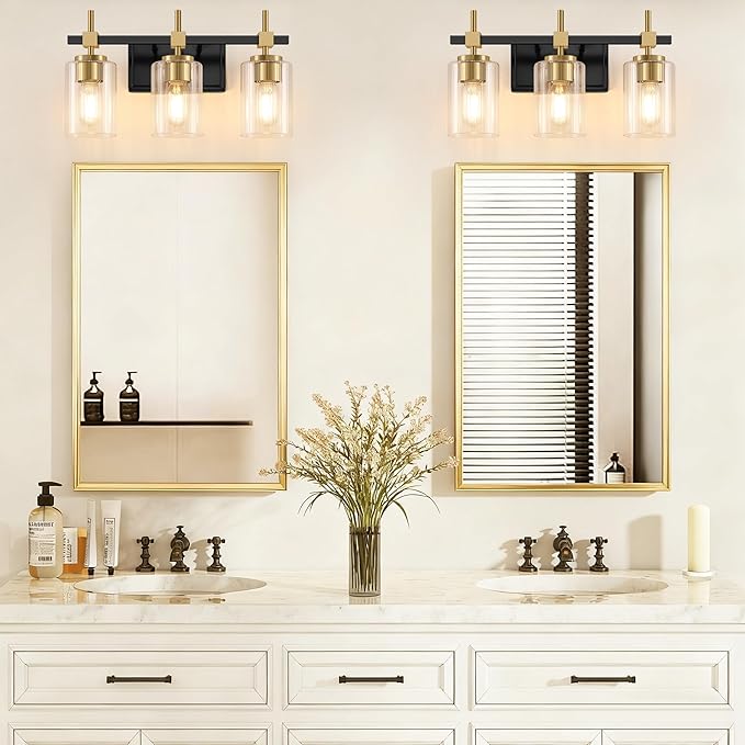 Asnxcju 3-Light Black and Gold Bathroom Light Fixtures, Vanity Lights for Bathroom with Textured Glass Shade, Modern Vanity Wall Lighting Over Mirror, Vintage Wall Lamp for Living Room Cabinet Hallway
