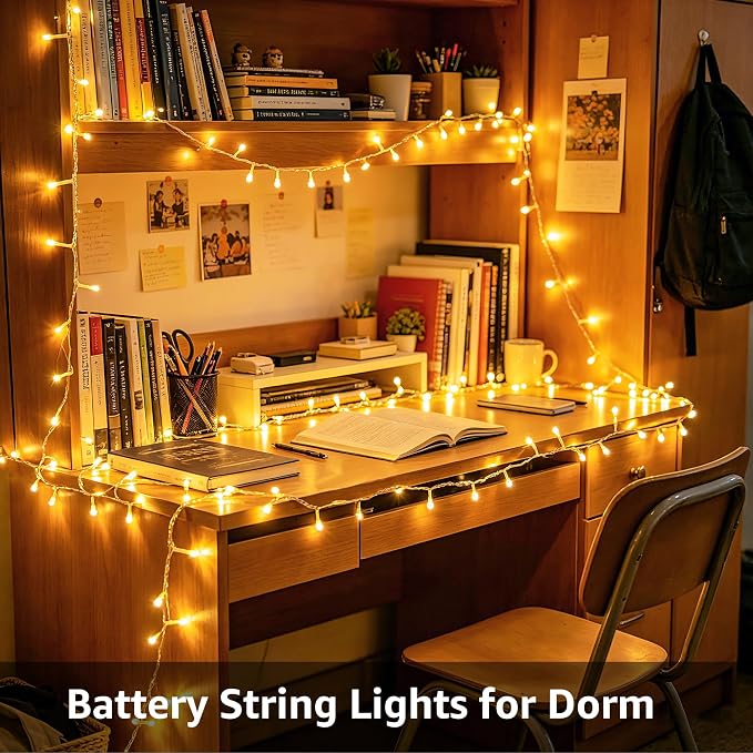 Ollny Fairy Lights Battery Operated, 100 LED 33FT Battery Powered String Lights, 8 Modes Waterproof LED Light for Bedroom Indoor Outdoor Camping Classroom Party Decor, Warm White