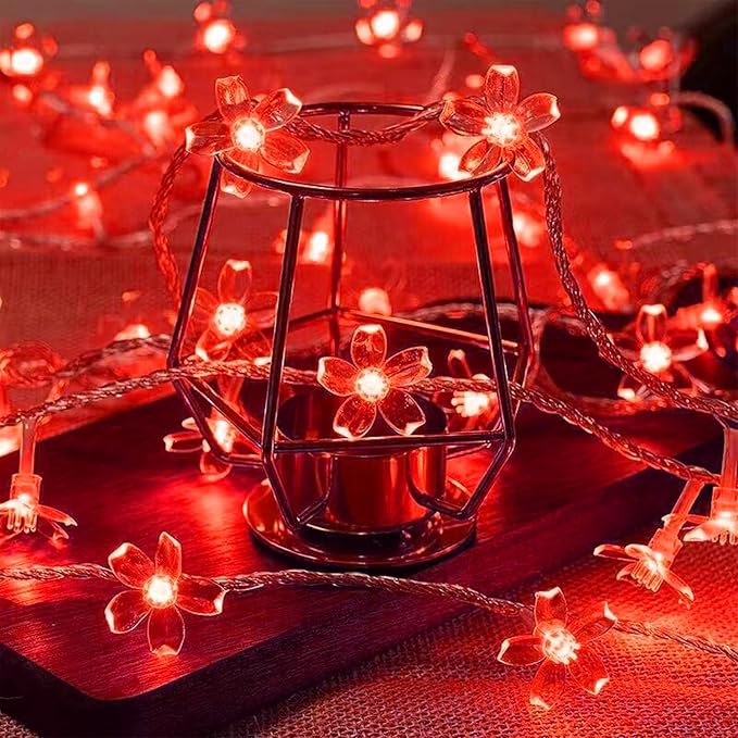 Battery & USB Operated 10ft Red Cherry Blossom Flower Fairy Lights String | Cute Flower String Lights With Timer For Bedroom, Party, Wedding, Christmas, Easter Tree Branch Hanging Romantic Decorations
