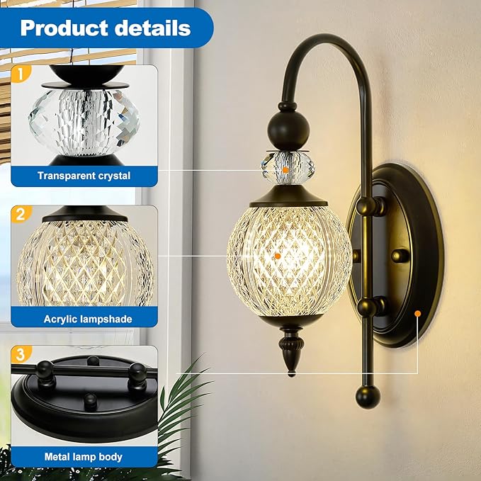Vintage Black Wall Sconce with Acrylic Globe Shade Indoor Wall Light for Bathroom Bedroom Hallway Farmhouse