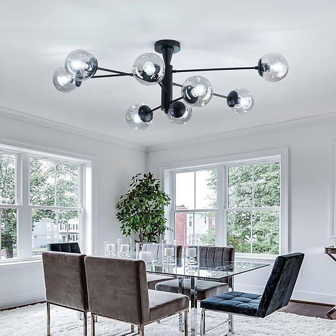 hesoge Modern Sputnik Ceiling Lights Black Semi Flush Mount Ceiling Fixture with Glass Globes 8 Light Large Chandelier for Dining Room Bedroom Living Room Kitchen Farmhouse.