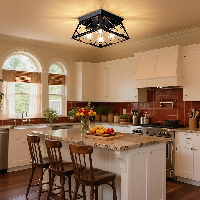 4-Lights Close to Ceiling Light, Black Industrial Ceiling Light Fixture for Dining Room, Kitchen, Living Room, Hallway, Entry, Laundry - E26 Base (No Bulb)