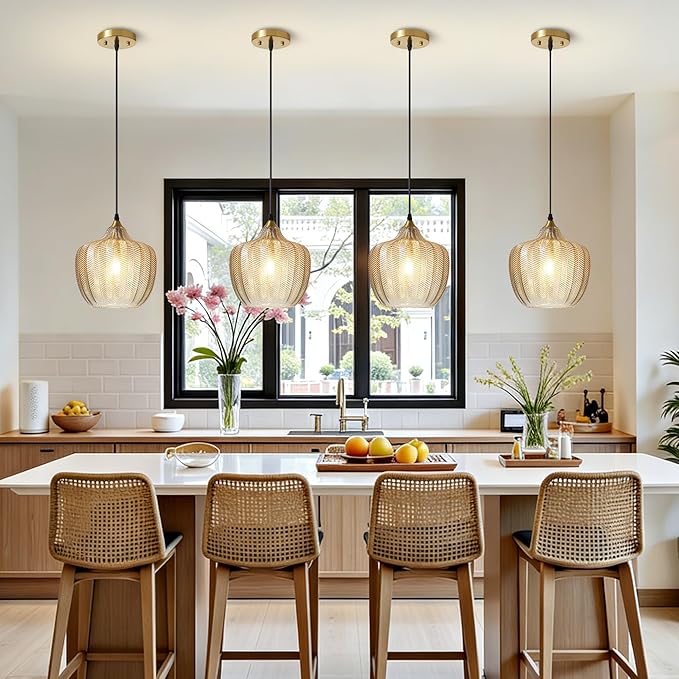 Modern Gold Pendant Light 2 Pack, Amber Glass Kitchen Island Pendant Light Fixture Adjustable Vintage Hanging Ceiling Light for Dining Room Corridor Bedroom 9.45 inch, UL Certification