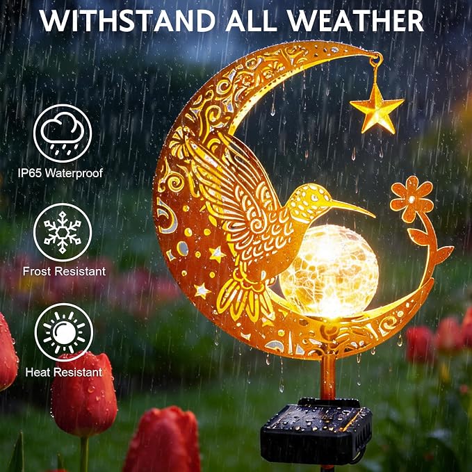 Solar Garden Decor Outdoor Statue, Moon Fairy Garden Figurines with Hummingbird Design for Mom Women Grandma Solar Stake Lights for Patio, Yard, Lawn, Pathway (Warm White)