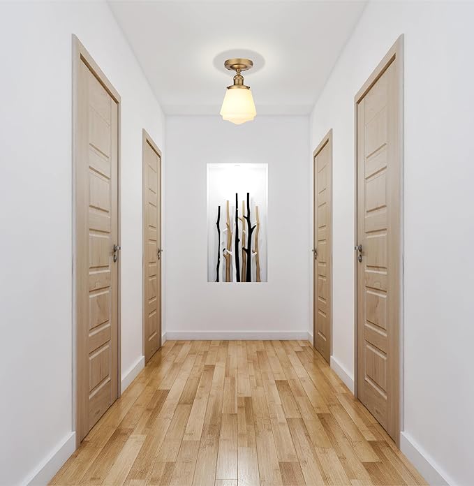 Industrial Semi Flush Mount Ceiling Light with Milk White Glass Pendant Lamp Shade, Vintage Close to Ceiling Light Fixture for Porch, Hallway, Entryway, Kitchen, Bedroom, Hotel