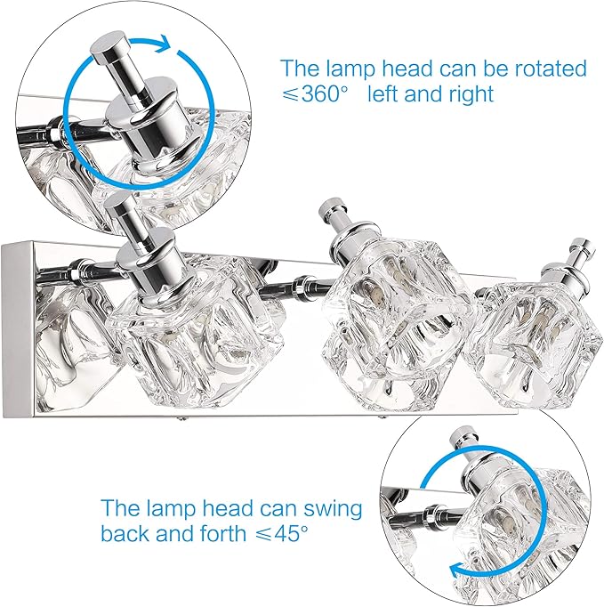 PRESDE Modern 3-Light Bathroom Vanity Lights Crystal Chrome Bathroom Lights Fixture Over Mirror LED Bath Wall Lighting