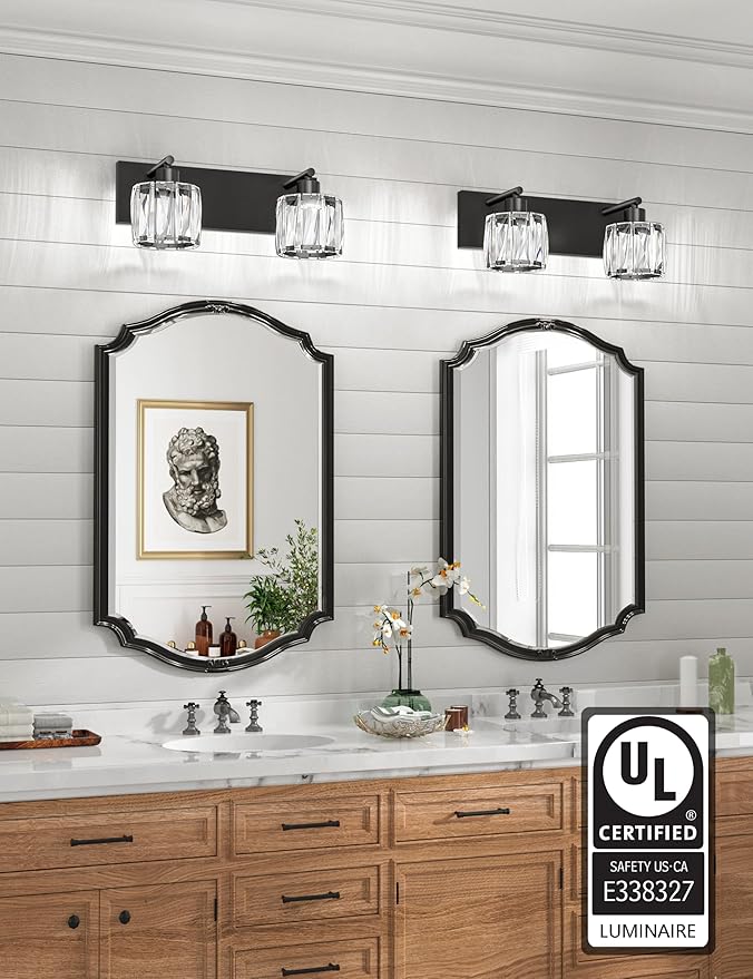 VOLISUN Crystal Vanity Lights for Bathrooms, 2 Light Bathroom Vanity Light, Modern Matte Black Bathroom Light Over Mirror, Black Bathrooms Lights Fixtures-UL Certificated(Exclude Bulb)
