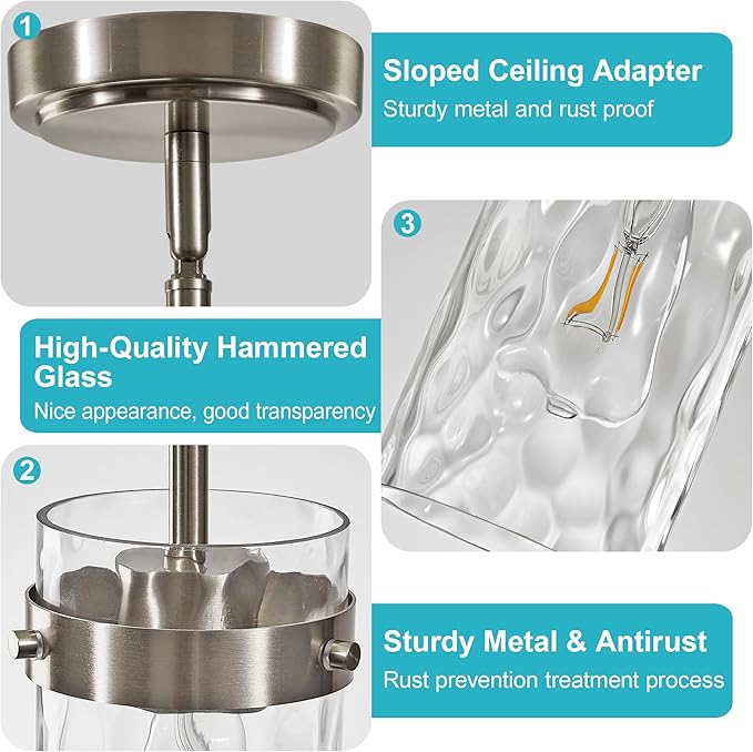 Hammered Glass Pendant Lighting for Kitchen Island 2 Pack, Modern Brushed Nickel Pendant Light Fixtures 4.72", Adjustable Ceiling Pendant Light for Kitchen Island Dining Room Hallway
