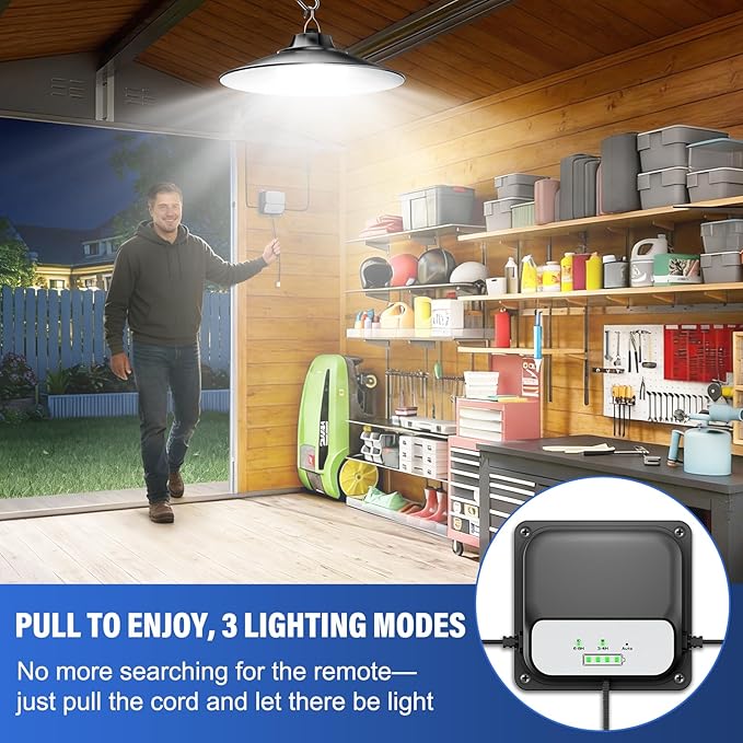 Otovoda Solar Shed Light Indoor Outdoor Pendant Light with Pull String, 3 Lighting Modes, IP65 Waterproof, Dusk to Dawn Outdoor Light for Chicken Coop Shop Gazebo Garage