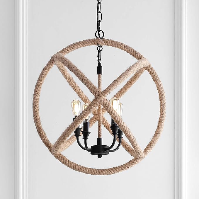 JONATHAN Y 20" Black/Brown 4-Light Iron and Rope Globe Pendant Light, Adjustable Height Coastal Farmhouse Chandelier for Kitchen Island Dining Room, LED Bulbs Included JYL9041A