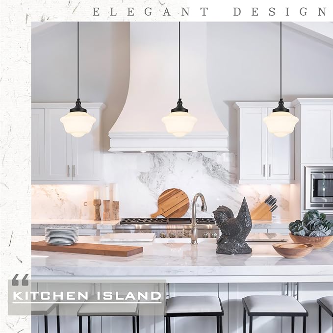Bagood 2 Pack 8" Milk Glass Pendant Light Black Schoolhouse Light Fixture Schoolhouse Pendant Light Milk Glass Light Fixture Mid Century Modern Ceiling Light for Bedroom Bathroom Kitchen (Bulb Incl.)