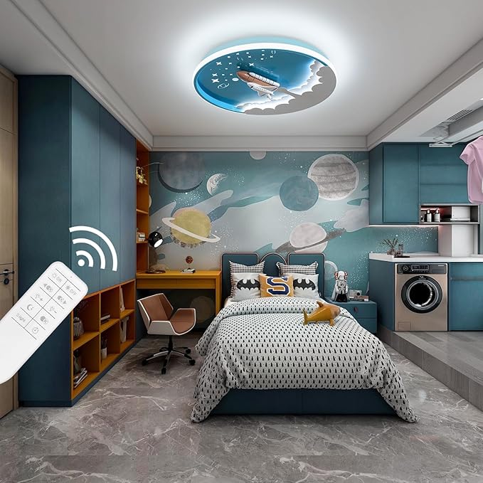 Kids Room Ceiling Lamp 20" Kitchen Ceiling Light with Remote Control 3000k-6000k Blue Cartoon Rocket Semi Flush Mount Ceiling Lights for Bedroom
