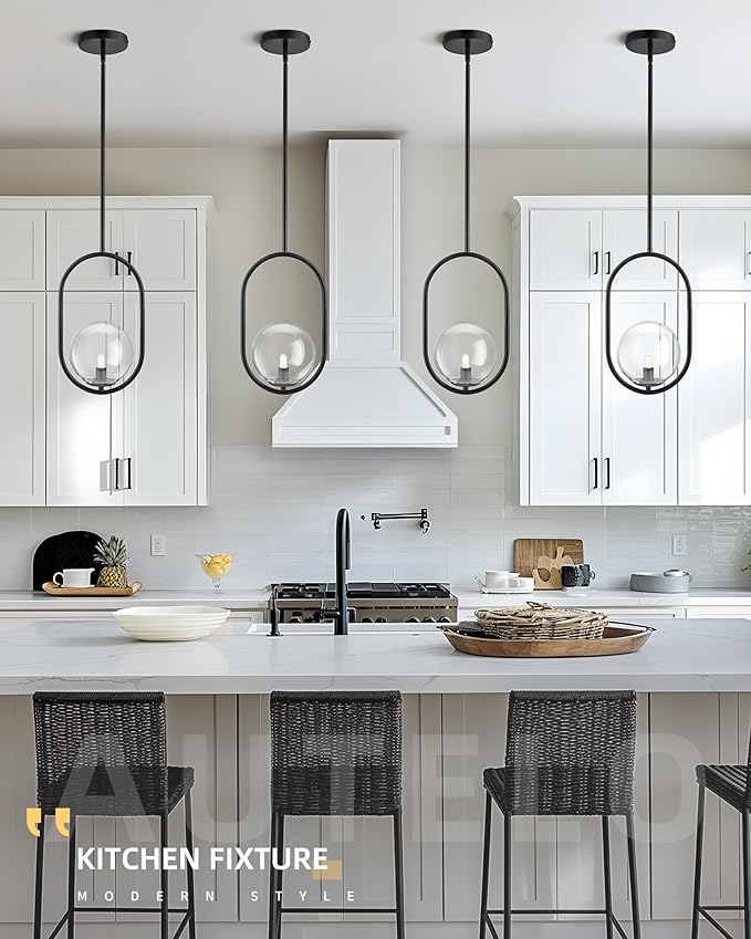 AUTELO 1-Light Matte Black Pendant Lights Kitchen Island, Kitchen Pendant Lighting Over Island with Clear Globe Glass, Black Hanging Lamp with Adjustable Rod for Kitchen Island H9376 CLBK