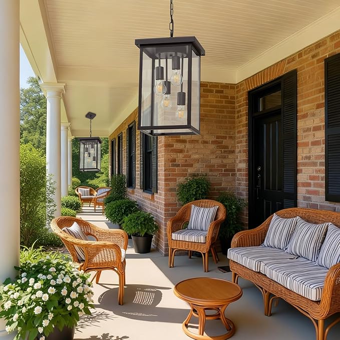 LOUSACE 16'' Outdoor Pendant Light Oil Rubbed Bronze 4-Light Large Outside Pendant Porch Lights Ceiling Haninging Outdoor Chandelier with Clear Glass Exterior Lighting Fixtures for Front Door Entryway