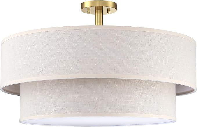 5 Light Semi Flush Mount Close to Ceiling Light Fixture,Cream Linen Fabric Shade Brushed Bronze Finish 22 inch for Bedroom,Living Room,Dining Room Hallway