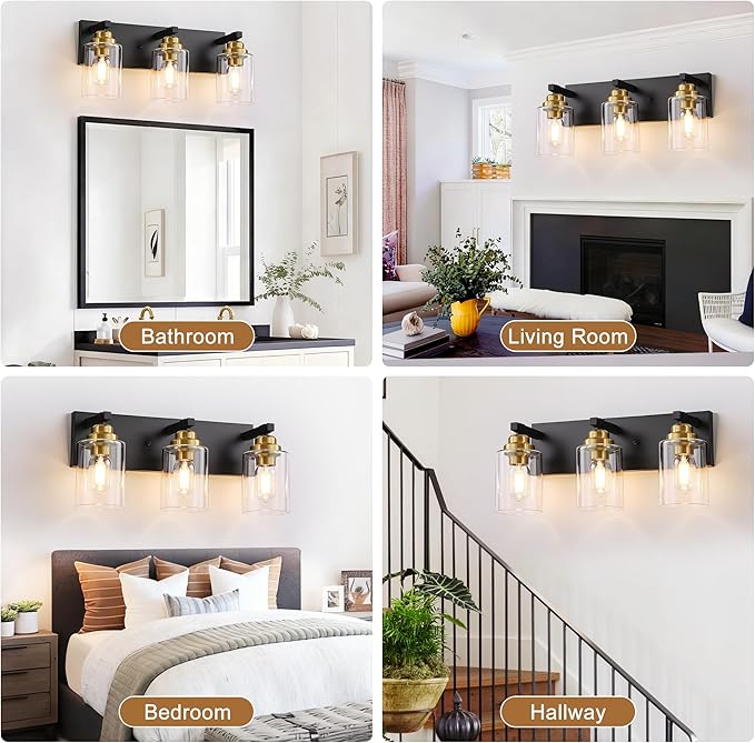 Black and Gold Bathroom Light Fixture, 3 Light Brushed Gold Vanity Light, 18.8" Modern Farmhouse Bathroom Lighting Fixtures Over Mirror, with Clear Glass Shade, Vanity Lights for Bedroom Hallway