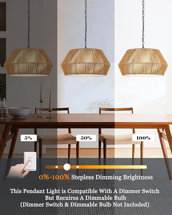 ELYONA 20" Large Rattan Chandelier Light Fixtures, 4-Lights Boho Pendant Light, Adjustable Woven Chandelier for Dining Room with Fabric Shade, Rustic Hanging Light for Kitchen Island,Living Room