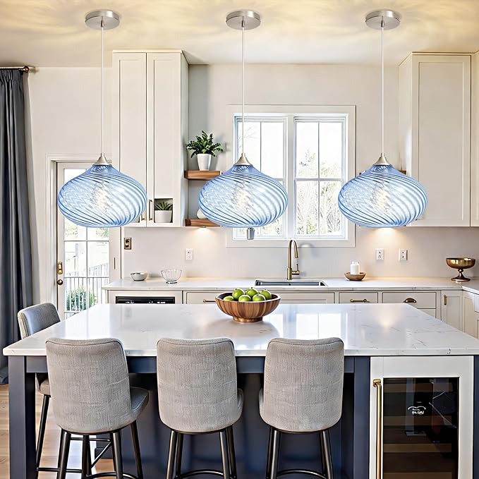 Glass Pendant Lights Kitchen Island, 11'' Brushed Nickel Pendant Lighting Fixtures, Modern Hanging Ceiling Light with Striped Blue Glass Shade for Farmhouse Dining Room Bedroom Hallway(1 Pack)