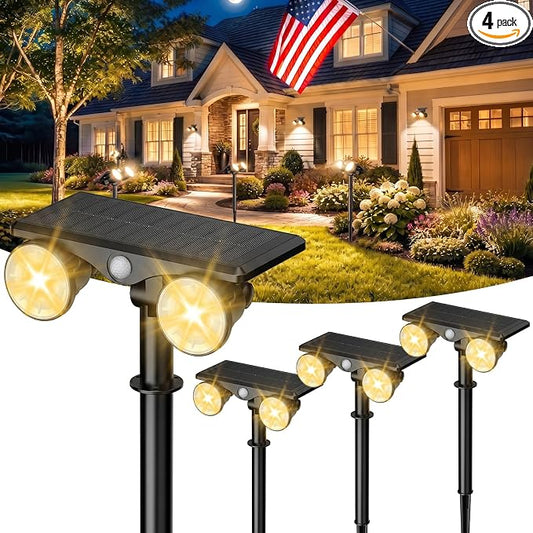 Solar Spot Lights Outdoor Waterproof 4Pack,Solar Uplights Motion Sensor Landscape Lighting for Outside Yard Garden Pathway,Solar Tree Spotlight 2-in-1 Adjustable Dual Heads(Warm Light)