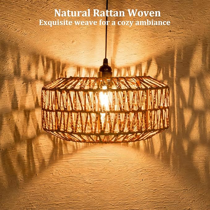 13" Battery Operated Outdoor Chandelier, Battery Power Hanging Pendant Lights, Woven Rattan Gazebo Light Outdoor Waterproof, for Gazebo, Pergola, Porch, Indoor Outdoor Decor Lighting