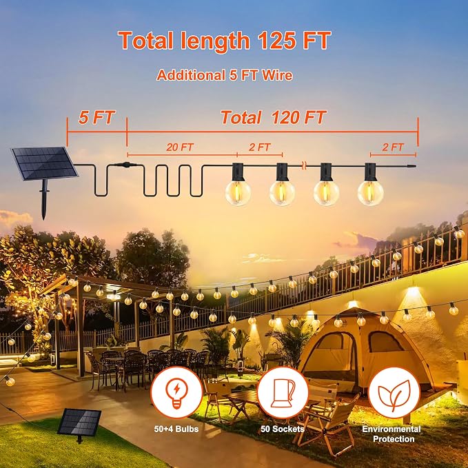 Stright Solar String Light for Outside 120FT with with USB Charging & Remote, Weatherproof Shatterproof LED G40 Bulb 50 Socket, Dimmable & Timable Solar Powered Patio Lights for Porch Backyard Garden