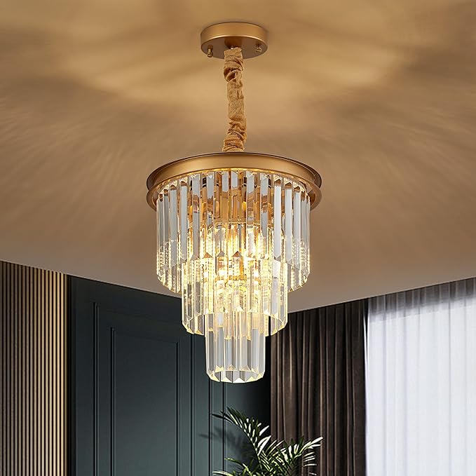 4-Light Gold Crystal Pendant Light, 3-Tier 11.8" Luxury Crystal Pendant Light Perfect for Dining Room, Bedroom, Kitchen, Living Room