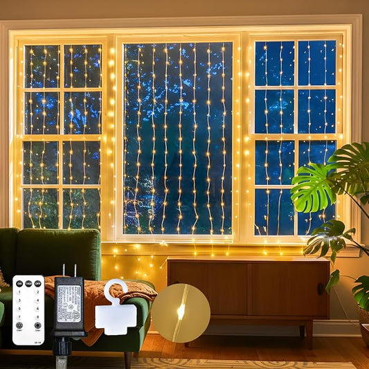 suddus Tangle-Free Curtain Lights,200 LED 6.5x6.5ft Hanging Lights with Hooks, Curtain Lights for Bedroom,Christmas, Dorm, Wall, Backdrop, Window, Wedding, Party, Birthday Decor, Warm White