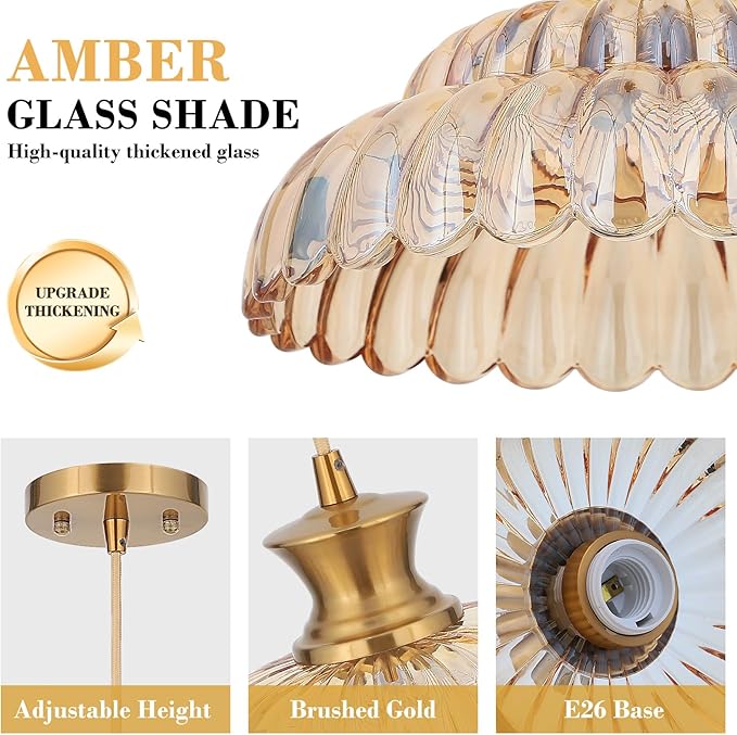 Amber Glass Pendant Lights, 11.8" Brushed Gold Lighting Glass Light Fixtures Modern Amber Chandelier Vintage Hanging Ceiling for Kitchen Island Dining Room Restaurant Bedroom Foyer Entryway