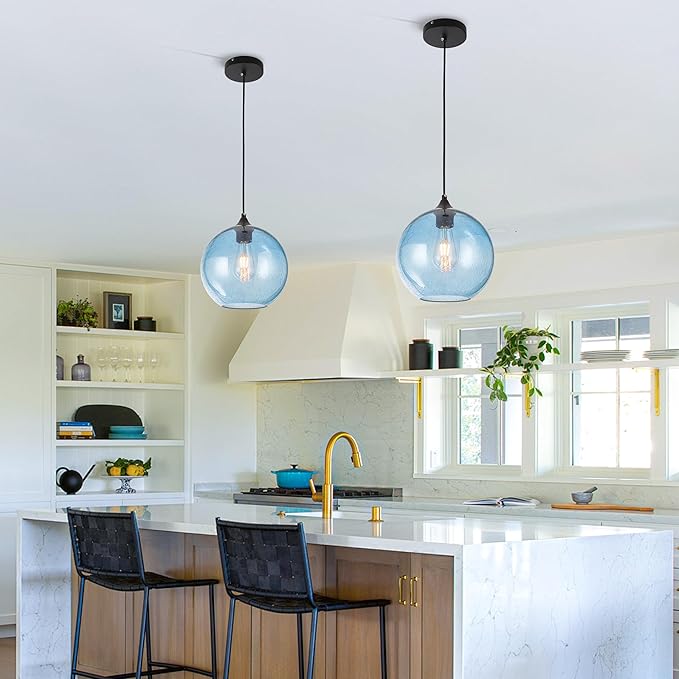 Blue Glass Pendant Lights Kitchen Island Lighting Modern Globe Pendant Light Fixtures Modern Pendant Lights for Kitchen Island Bedroom Living Dining Room Light Fixture-7.8inch 2Pack
