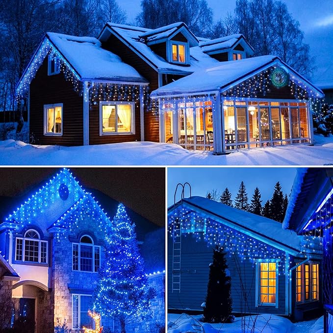 Icicle Lights Outdoor Decorations 300 LED 33ft 8 Modes Curtain Fairy String Light with 50 Drops, LED String Light Indoor for Wedding Party Holiday Christmas Decorations,Blue+White