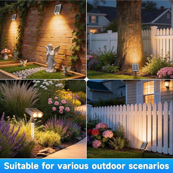 Solar Spotlights Outdoor Waterproof- 2 IN 1 Solar Spot Lights Outdoor with 2 Lighting Modes & PC Light Guide Column for Garden Yard Pathway | Warm Yellow 3000k Spotlights | IP65 Waterproof | 4 Pack