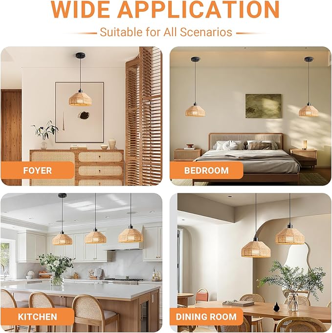 Battery Operated Pendant Light with Remote,Battery Hanging Light Rattan Woven Chandelier No Wiring Needed,Rechargeable Light Bulb 50+Hours Continue Use,Perfect for Kitchen Islands Ceiling Lighting