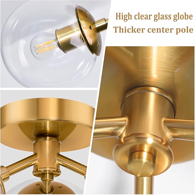 3-Light Modern Gold Semi Flush Mount Ceiling Lights Clear Glass Globe Ceiling Lights Mid Century Brass Chandelier Modern Sputnik Ceilings Light Fixture for Bedroom Hallway Entryway Living Room