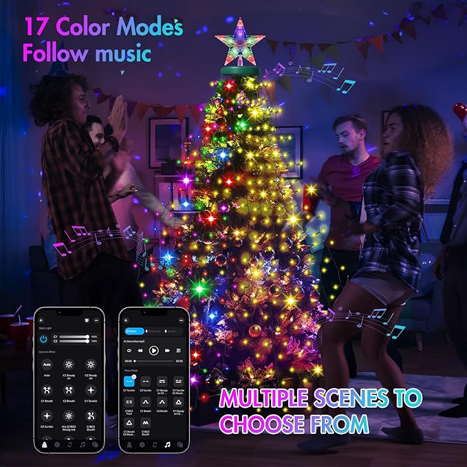 Smart Cascading Twinkle Lights for Christmas Tree, 410LED Christmas Tree Lights APP Control Music Sync, 6.6FT x 16 Lines String Lights for Indoor Outdoor Xmas Tree Decor, Warm White & Multicolor