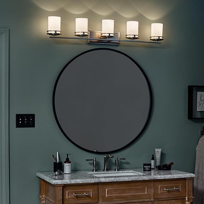 Kichler Hendrik 43" Vanity Light in Brushed Nickel, 5-Light Modern Bathroom Vanity with Satin Etched Cased Opal Glass, (43" W x 7.75" H), 5085NI