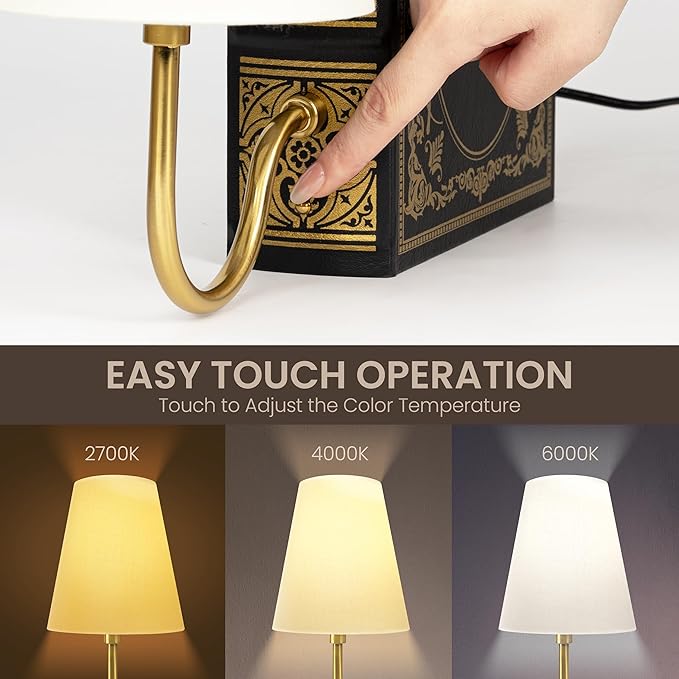 AELS Vintage Bookshelf Lamp with Bulb, Table Lamp with Linen Shade, 3-Color Dimmable Touch Control, Modern Farmhouse, Book Sconce for Office Home Bedroom Bookshelf, Tree of Life on Black & Gold