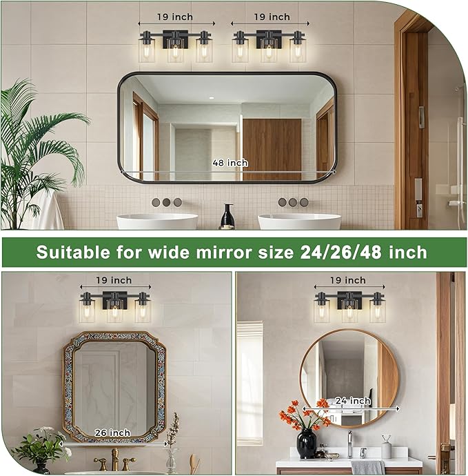 DORESshop 20 Inch Upgraded Bathroom Light Fixtures, 3-Light Black Bathroom Lighting Fixtures Over Mirror with Clear Glass Shade, Vanity Lights for Bathroom Living Room Bedroom, ETL Listed