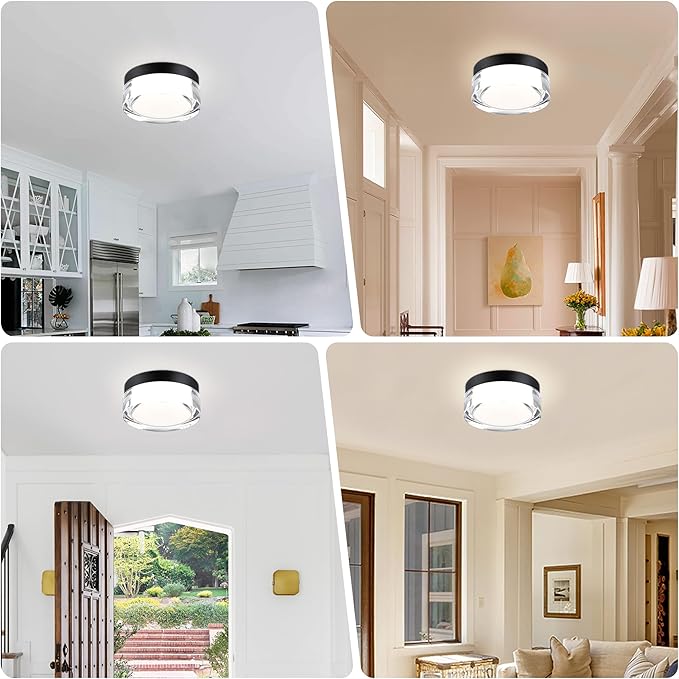 6 inch Flush Mount Ceiling Light Fixture, 3CCT LED Ceiling Lights, Black Modern Dimmable Lighting for Closet Hallway, Crystal Prismatic Featured, 3000K/4000K/5000K