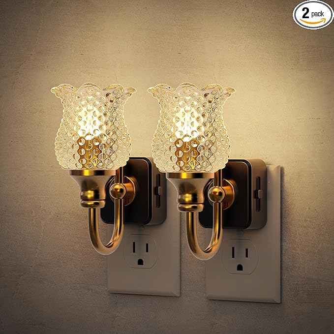 JandCase Night Light, 2 Pack Glass Night Lights Plug into Wall, Dimmble Floral LED Nightlight, 0-100 LM Flower Nightlights, Dusk to Dawn Sensor, 1W Vintage Nite Light for Bathroom Gift Vanity Decor