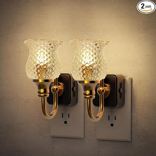 JandCase Night Light, 2 Pack Glass Night Lights Plug into Wall, Dimmble Floral LED Nightlight, 0-100 LM Flower Nightlights, Dusk to Dawn Sensor, 1W Vintage Nite Light for Bathroom Gift Vanity Decor