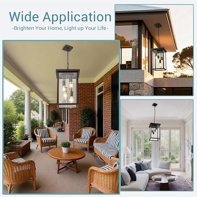LOUSACE 16'' Outdoor Pendant Light Oil Rubbed Bronze 4-Light Large Outside Pendant Porch Lights Ceiling Haninging Outdoor Chandelier with Clear Glass Exterior Lighting Fixtures for Front Door Entryway