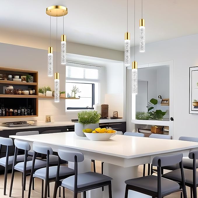 Pendant Lights Kitchen Island, Modern Kitchen Island Lights, Ceiling Lighting Fixtures with Crystal Bubble, Integrated LED Hanging Light Goid 1 Pack(3-Light)
