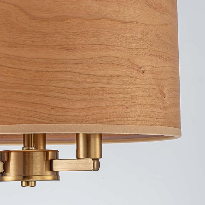 3-Light Solid Wood Drum Ceiling Light, Coastal Style Pendant Light Fixture for Dining Room, Living Room, D11.8 * H11.1 inch, Solid Wood Lampshade & Gold Finish