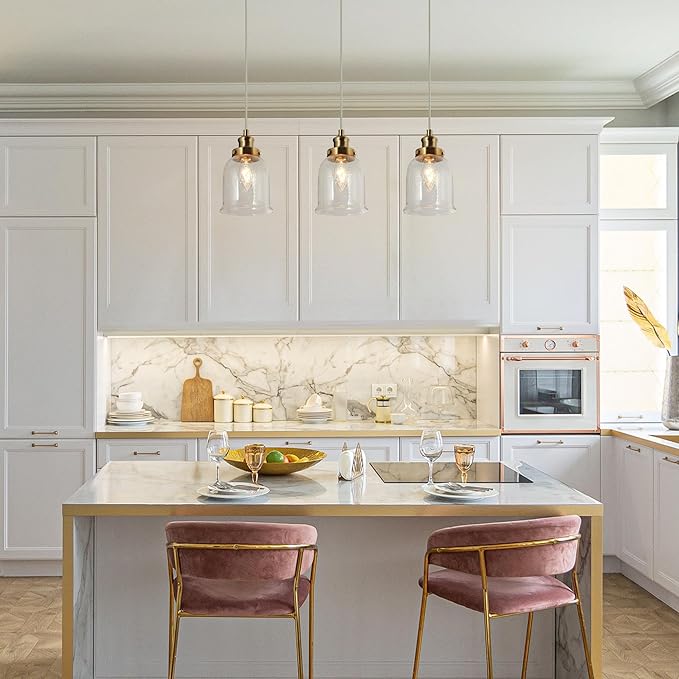 KSANA Pendant Lights Kitchen Island, Gold Seeded Glass Pendant Light Fixtures, Modern Adjustable Hanging Pendant Lighting for Kitchen, Entryway, Foyer
