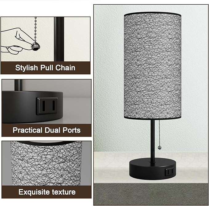 YIDPU Table Lamp for Bedroom,Nightstand Lamp for Bedside with AC Outlets,Adjustable 3color LED Light Desk Lamp for Home Decor,Included Bulb and Lamp Shade (Black-OnlyAC, 2PCS)