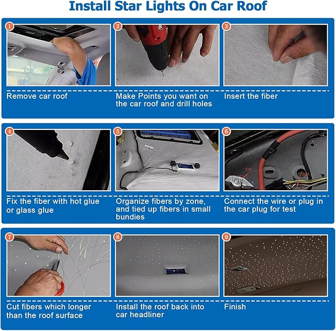 AMKI Mini 6W Starlight Headliner Kit 350pcs 0.03in 6.5ft,Twinkle+Sound Activated Fiber Optic Light 4Lamp Beam Starlight Box APP/Remote Control for Car Home Star Ceiling Decoration