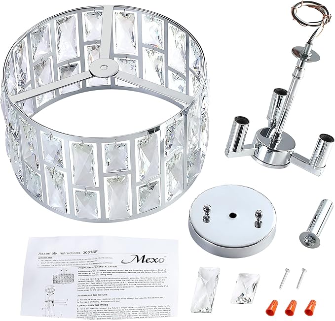 MEXO Farmhouse Crystal Round Semi Flush Mount Modern Close to Ceiling Light Fixture, Cylinder Drum Shade Ceiling Lights 3LT Ceiling Lamp for Kitchen Island Dinning Room Bedroom