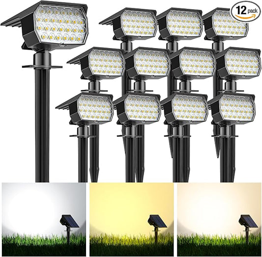 Solar Spot Lights Outdoor 12 Pack, [52 LED/ 6 Color Lighting] Solar Lights Outdoor Waterproof IP65 Dusk to Dawn Solar Powered Landscape Spotlights for Outside Yard Garden Pathway Lawn