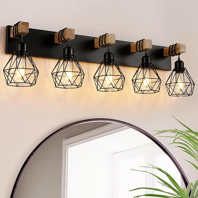 Farmhouse Vanity Light for Bathroom, 5-Light Wood Bathroom Vanity Light Fixtures Over Mirror, Rustic Sconces Wall Lighting with Metal Lampshade for Living Room, Bedroom, Hallway