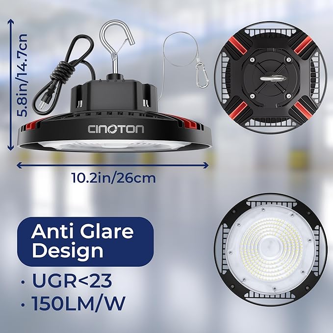 CINOTON 100W UFO LED High Bay Light, Aluminum LED Shop Lights with 15000LM, 5000K Commercial Bay Lighting for Warehouse Garage Workshop Factory Hall, 6' Cable & Safety Rope, ETL Listed 4 Pack